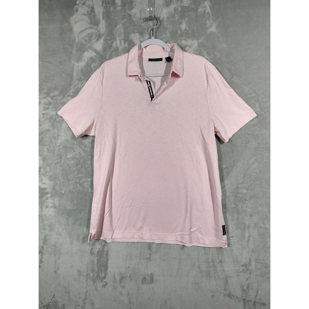 Perry Ellis Mens Pink Short Sleeve Cotton Polo Shirt‎ Large Striped Placket Slub